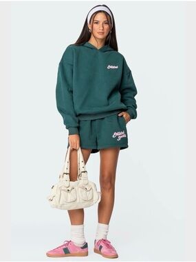 NWT Edikted So Sporty Forest Green Pink Logo Sweatshirt & Shorts Set Medium